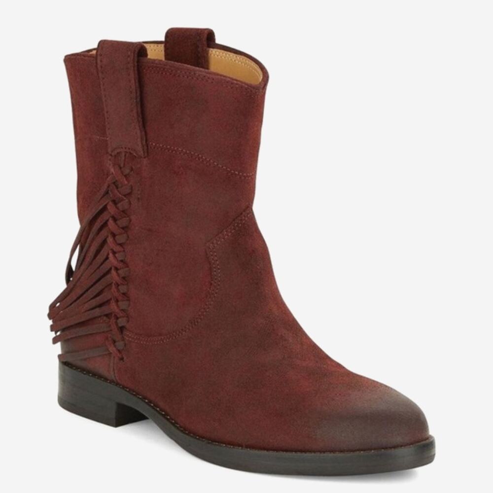 FRINGE! Sigerson Morrison Belle Cowboy Western Festival Boots 8 8.5 Burgundy Red
